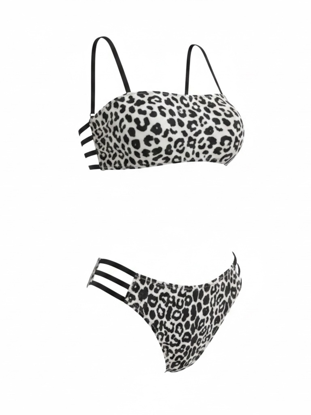 Leopard Print Strappy Bikini - Black & Cream